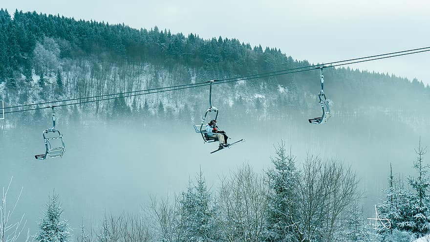 山、ケーブルカー、スキー、霧の、雪、ドイツ、冬、スポーツ、エクストリームスポーツ、スキーリフト、男達