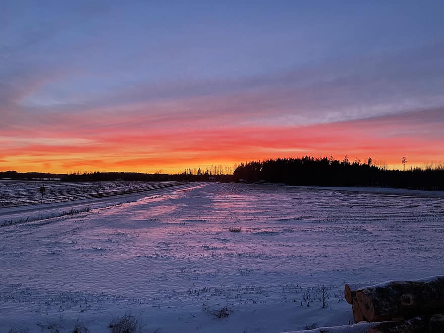Winter, Sonnenaufgang, Finnland, Feld, Wald, Landschaft, Sonnenuntergang, Dämmerung, Schnee, Jahreszeit, Sonne