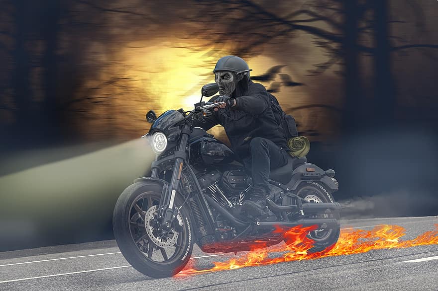 Ghost Rider, cyklista, motocykl, noc, duch
