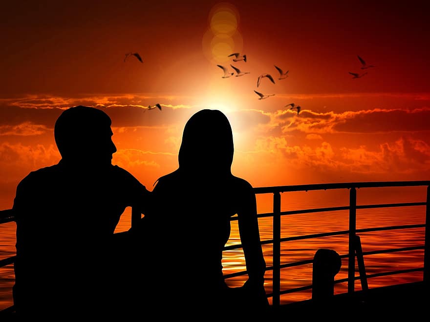 Paar, Liebhaber, Silhouette, Vögel, Sonnenuntergang, Liebe, Geländer, Meer, Wolken, Möwen, Wellen