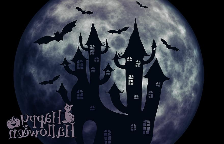 Хэллоуин, замок, странный, сюрреалистичный, атмосфера, летучая мышь, Луна
