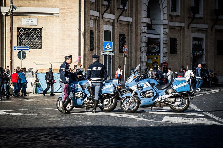 Róma, rendőrség, policia, polizia, roma, Olaszország, motorbicikli, kék, Vatikán, Biztonság, ellenőrzés
