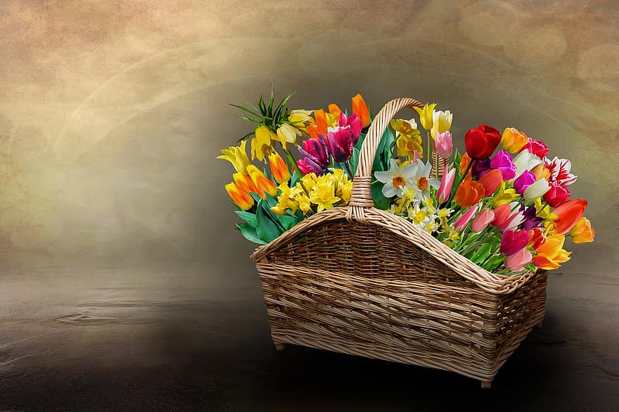 những bông hoa, giỏ hoa, mùa xuân, Thiên nhiên, bó hoa, Hoa tulip, hoa thủy tiên vàng, chuông phục sinh, vương miện hoàng gia, cái rổ, bông hoa