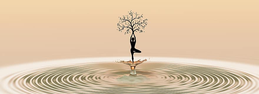 dansa, ioga, meditació, dona, aptitud, salut, naturalesa, arbre, gota d’aigua, injectar, aigua