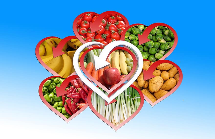 gyümölcs, zöldségek, egészségedre, eszik, szív, burgonya, kelbimbó, paradicsom, banán, sárgarépa, egészséges