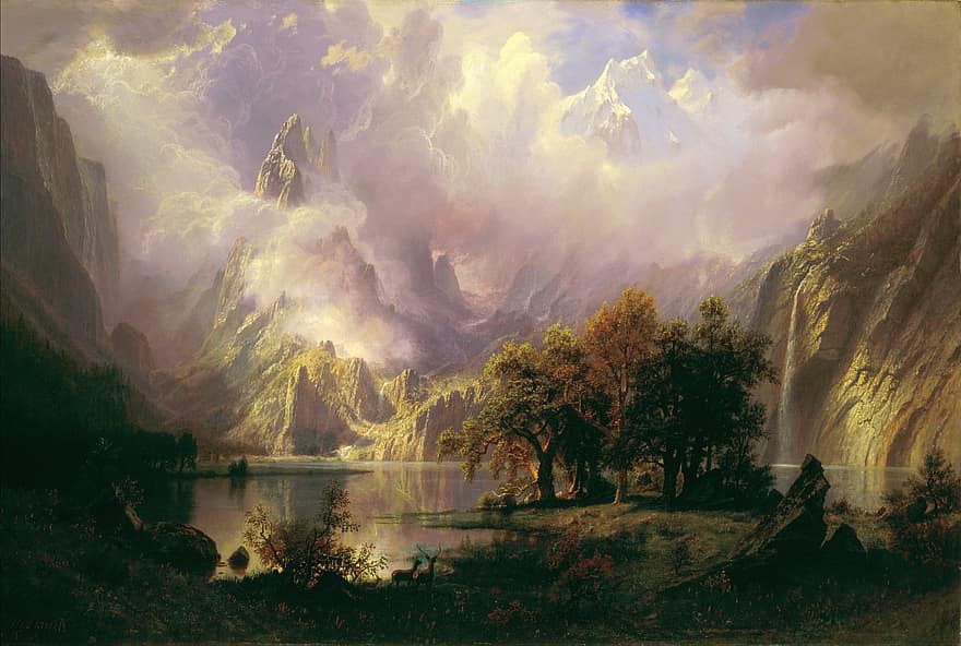 pintura, óleo sobre tela, artístico, natureza, lado de fora, céu, nuvens, panorama, Alfred Bierstadt, outono, floresta