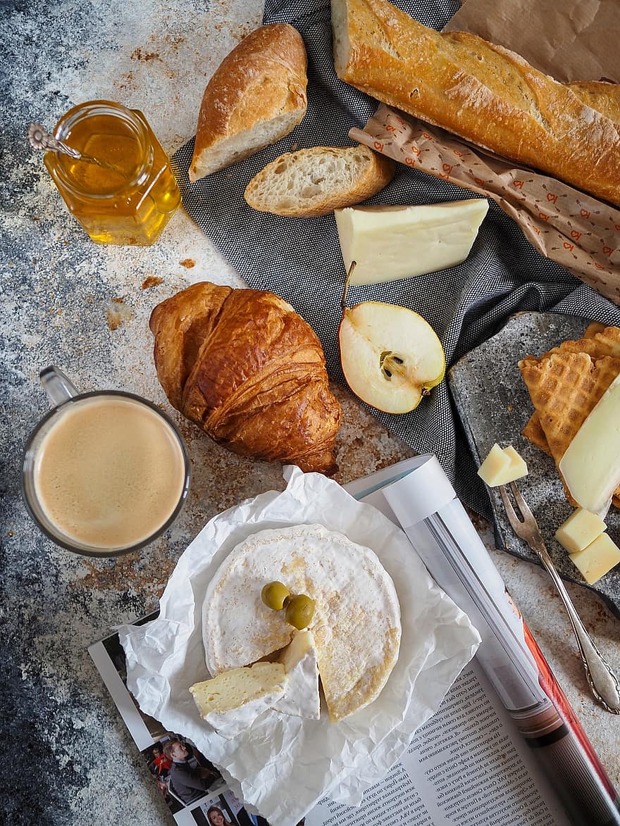 Cheese, Bread, Food, Breakfast, Snack, Croissant, Baguette, Pear, Honey, Coffee, Dish