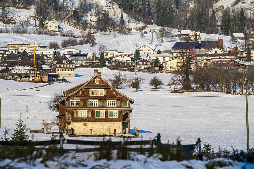 Maisons, cabines, village, neige, hiver, soir, Suisse, Montagne, saison, chalet, paysage