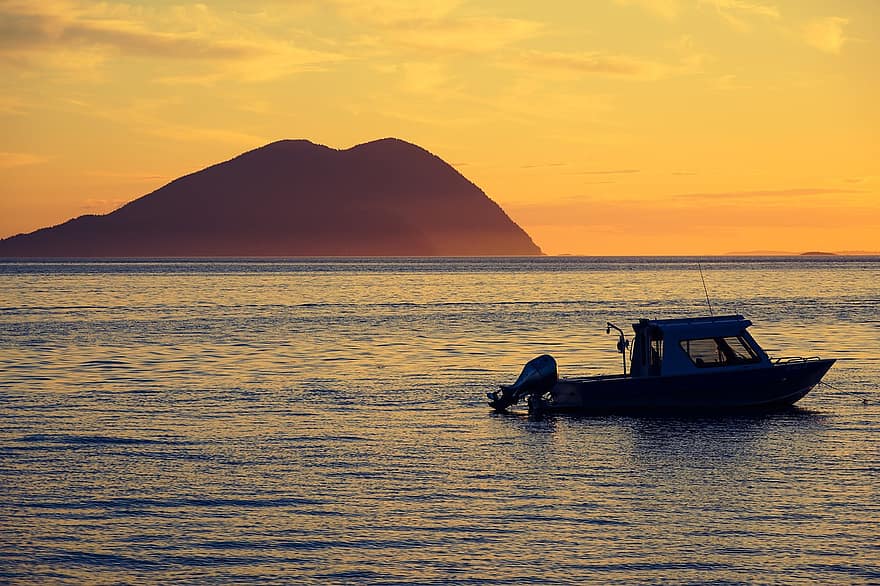 Sunset, Boat, Sea, Ocean, Sky, Calm, Water, Landscape, Mountain