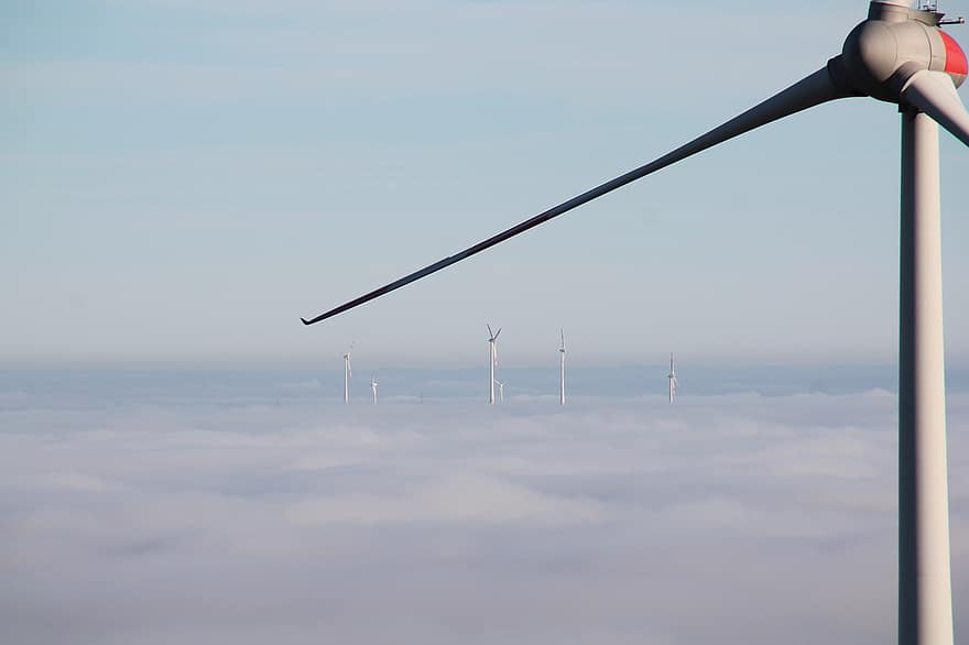風車、風力、霧、風力タービン、エネルギー、再生可能、雲、風力エネルギー