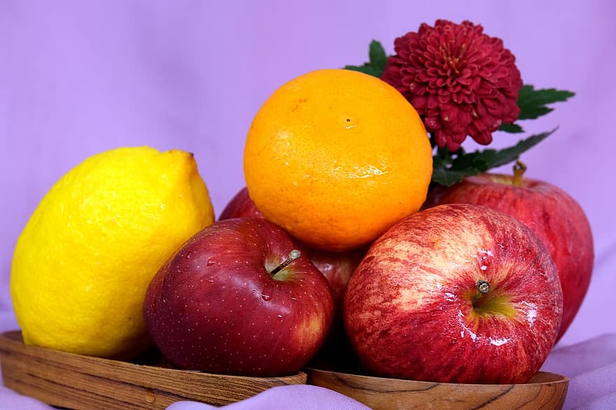 Fruits, Flower, Still Life, Orange, Apple, Lemon, Chrysanthemum, Food, Organic, Produce, Healthy