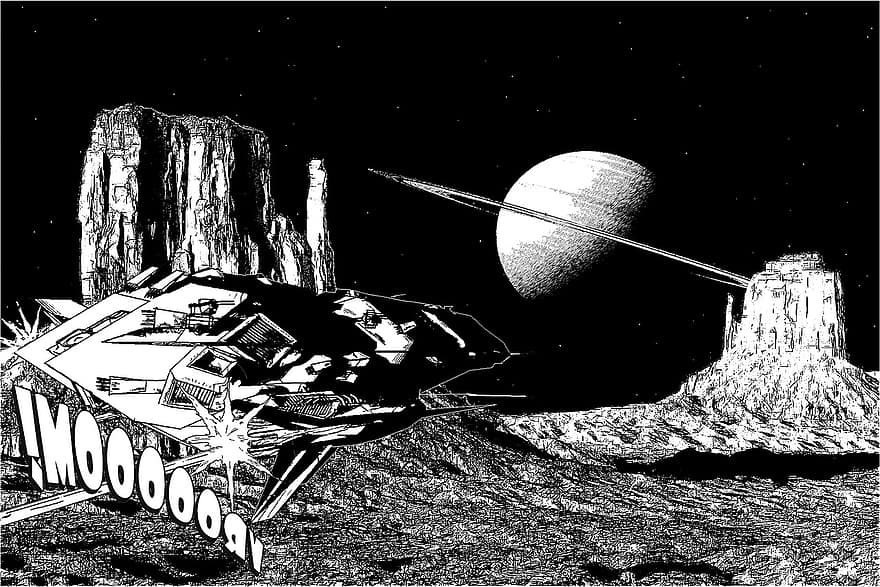 Mēness ainava, saturn, kosmosa kuģis, kalni, komikss, Komikss, grafiskais romāns, ainavu, planētas, karg, satraukums