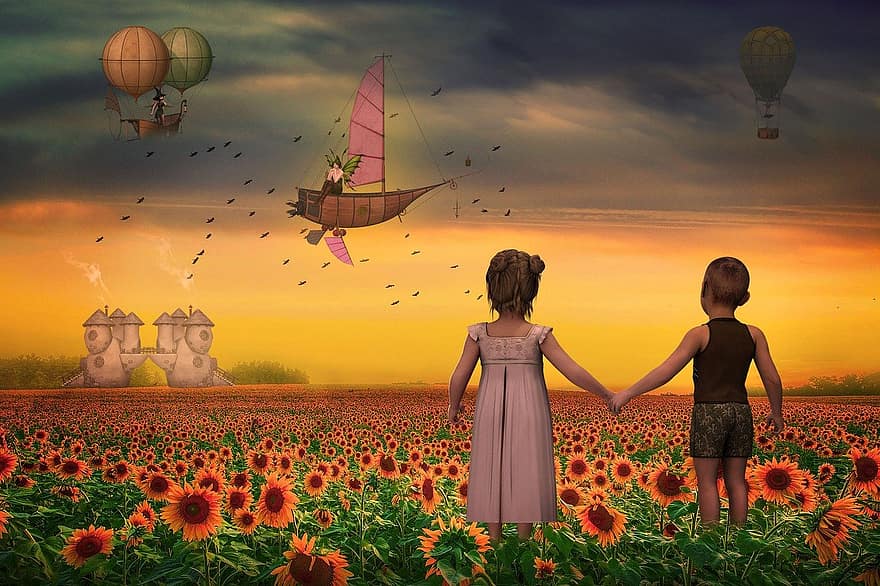 Kids, Flowers, Field, Hot Air Balloon, Delusion, sunset, summer, landscape, child, cheerful, fun
