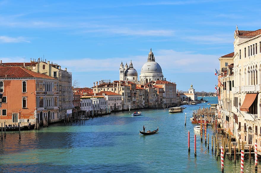 kanalas, pastatai, gondola, valtys, vanduo, vandens kelias, turizmą, vaizdingas, miesto, miestas, bazilika