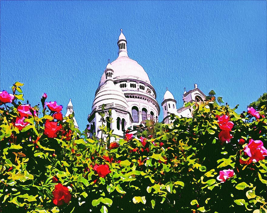 Acuarela de París, París, jardines de luxemburgo, Sacre Coeur, arquitectura, escultura, histórico, estatua, parque, punto de referencia, nubes