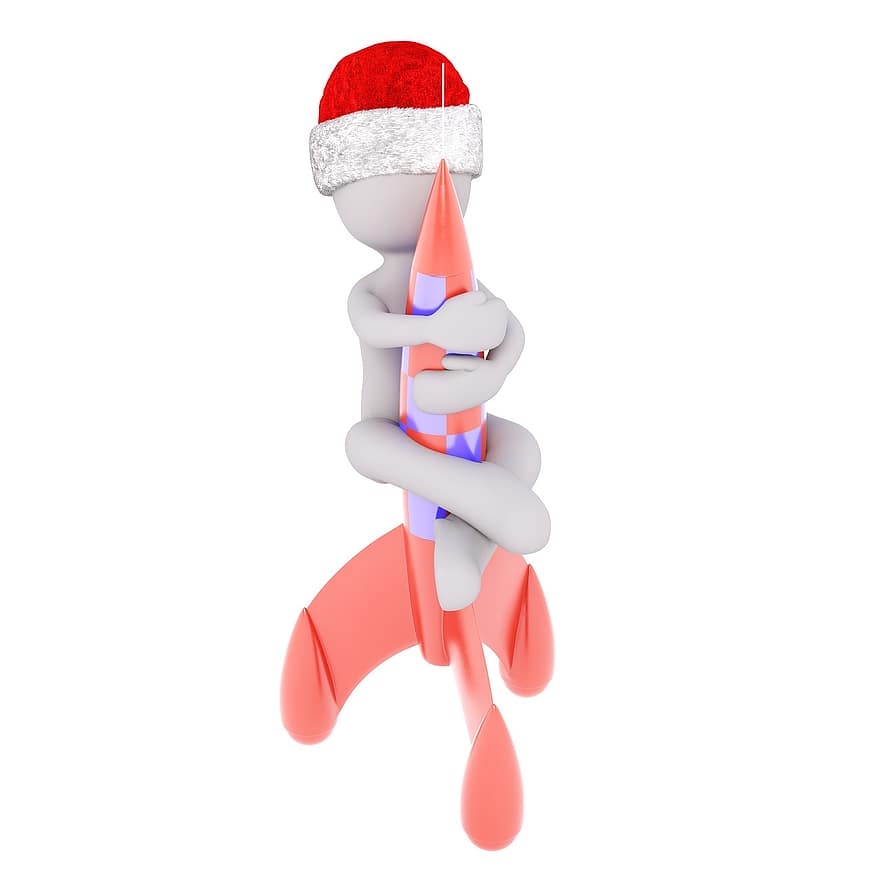 fehér férfi, 3D-s modell, teljes test, 3d santa kalap, Karácsony, santa kalap, 3d, fehér, izolált, rakéta, felszáll