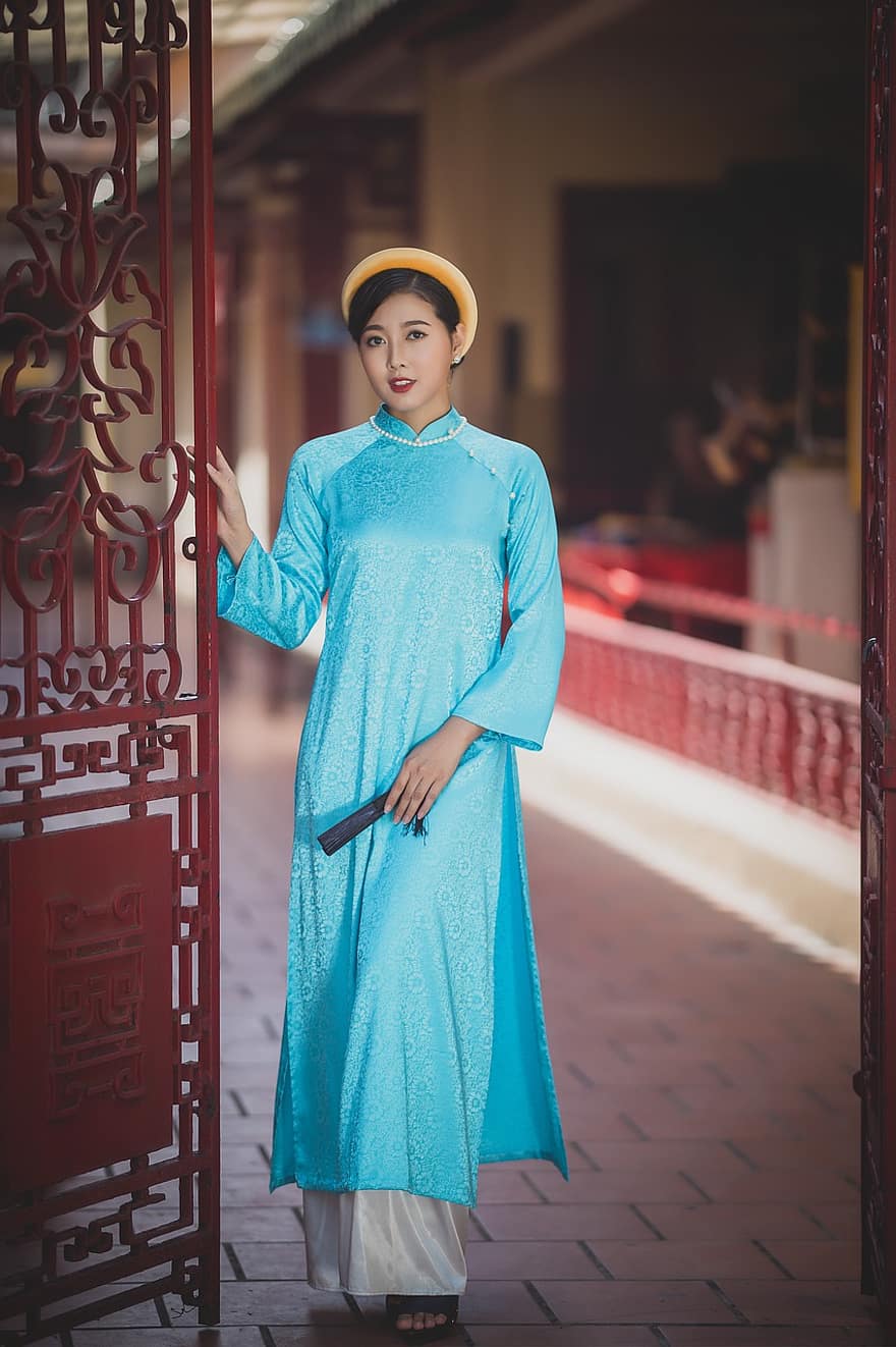 アオダイ、ファッション、女性、ベトナム人、ベトナム民族衣装、伝統的な、美しさ、綺麗な、可愛い、女の子、ポーズ
