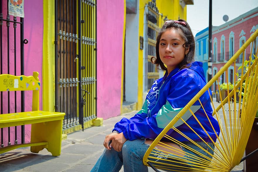 ragazza, panchina, sedia, strada, colorato, modello, Puebla