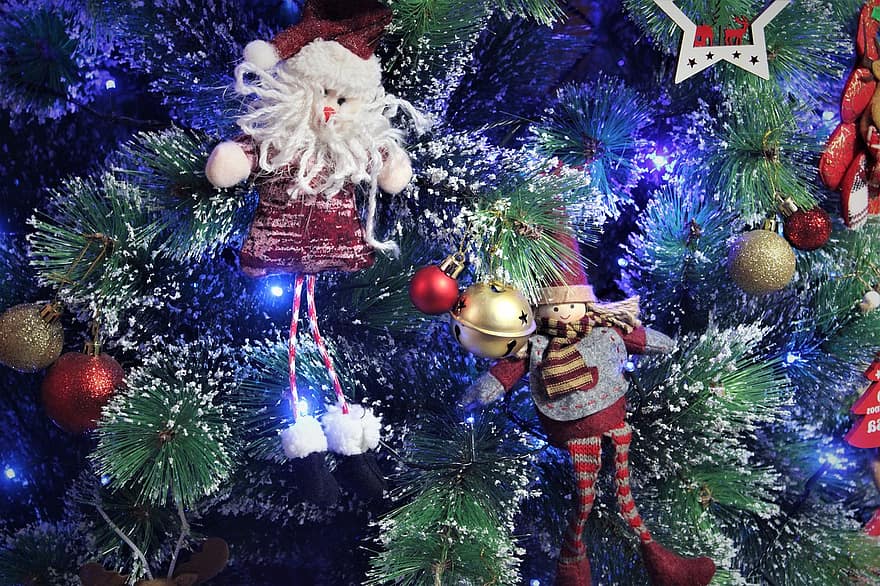 Boże Narodzenie, zimowy, drzewko świąteczne, dekoracje, lalki, ozdoby, dekoracja, drzewo, uroczystość, pora roku, prezent