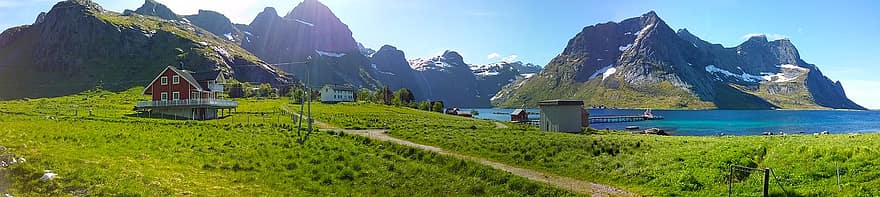 горы, море, берег, береговая линия, пейзаж, поле, луг, трава, сельская местность, деревня, Bunesfjord