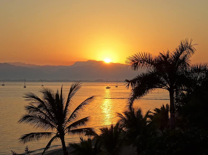 wschód słońca, Meksyk, morze, ocean, podróżować, palmy, wakacje, spokój, spokojny, zatoka, Bahia de Banderas