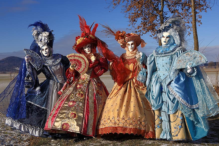 ヴェネツィアのカーニバル、マスク、女性たち、人、コスチューム、不思議な、なりすまし、頭飾り、ベネチアンマスク、飾った、カーニバル