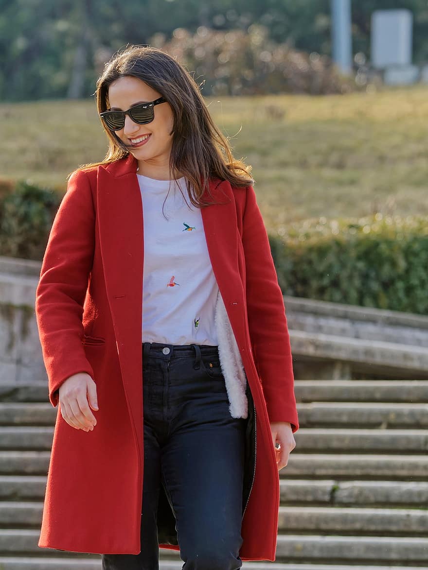Woman, Overcoat, Walking, Girl, Sunglasses, Young, Red Coat, Happy, Smile, Stairs, Outdoors