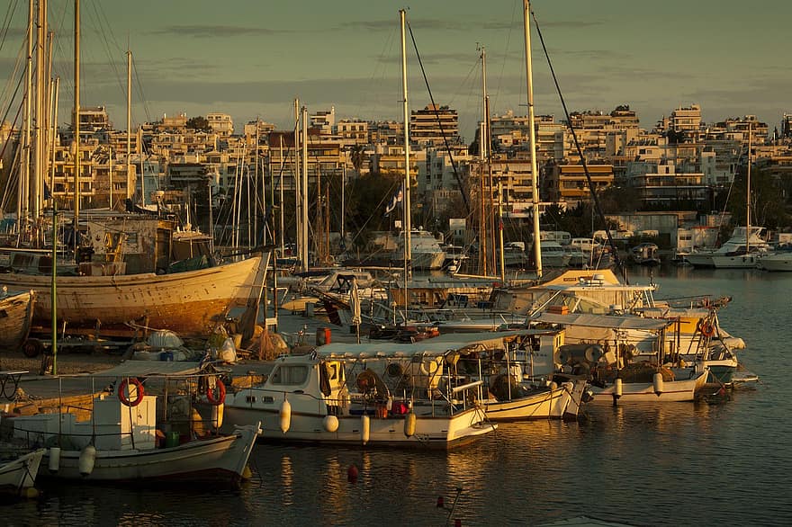 Athén, Görögország, Kalamaki, kikötő, halászhajó, napnyugta, hajó, tenger