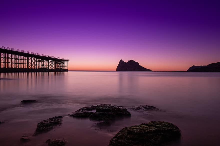 Puerto, Oceano, mar, agua, amanecer, oscuridad, isla, rocas, calma, España, Murcia