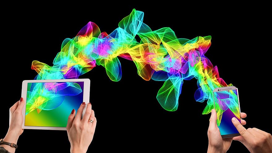 mobiltelefon, smarttelefon, hånd, tablett, partikler, bølge, farge, fargerik, linjer, mønster, abstrakt