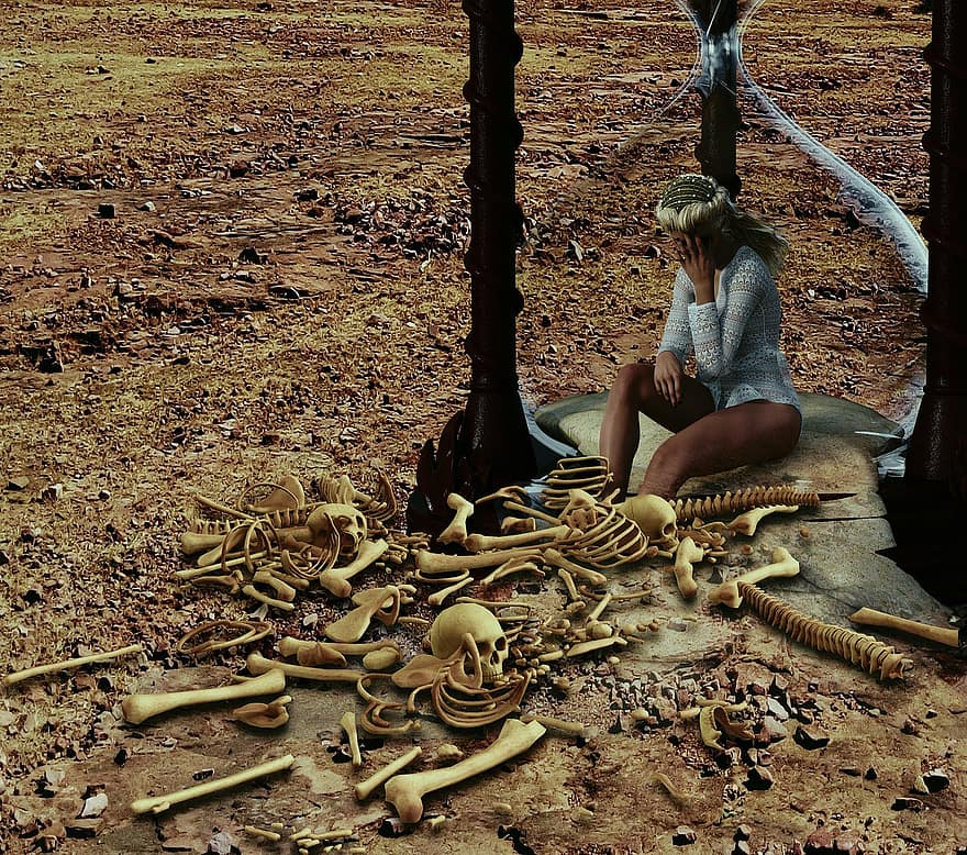dykuma, mergina, kaukolė, kaulų, smėlio laikrodis, skeletas, kaulai, kaukolė ir kryžių kaulai, baugus, Creepy, keista