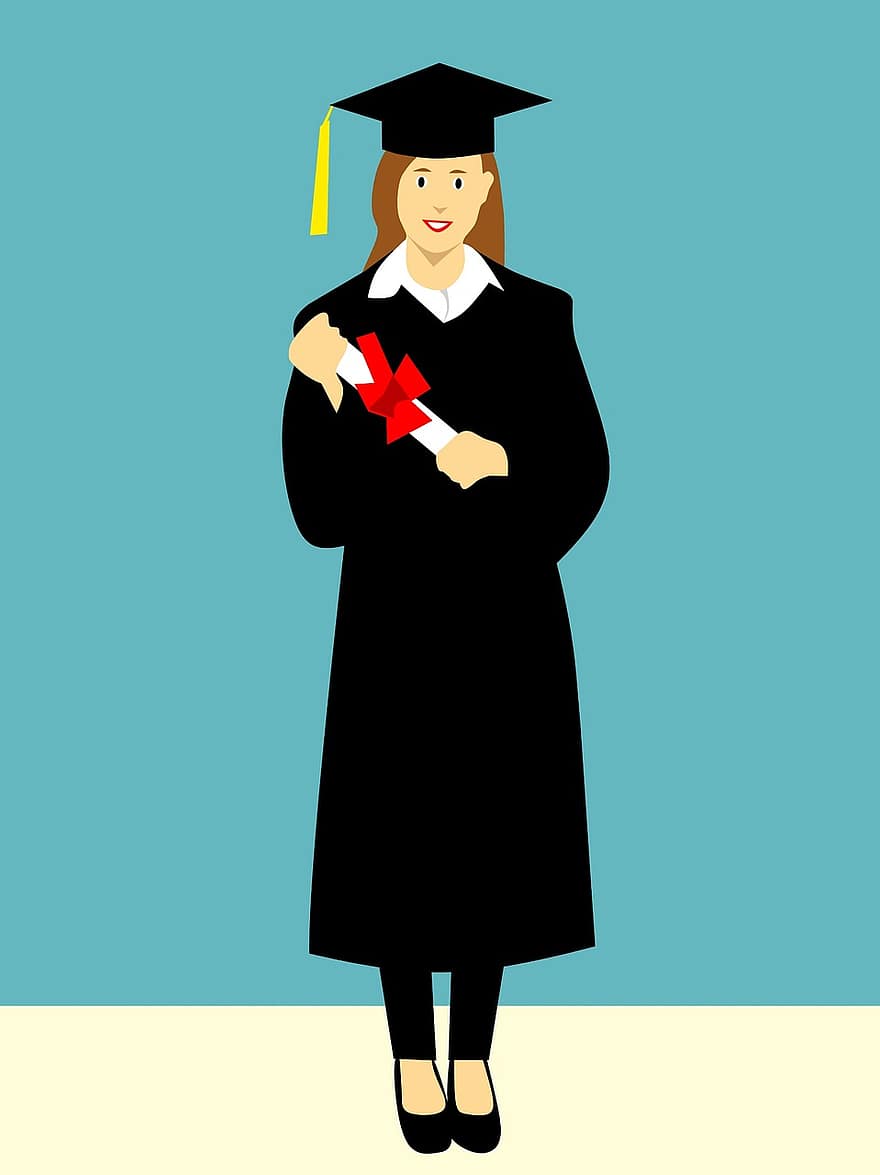 Université, l'obtention du diplôme, chapeau, casquette, joyeux, robe, heureux, personnage de dessin animé, idée, académique, diplômé