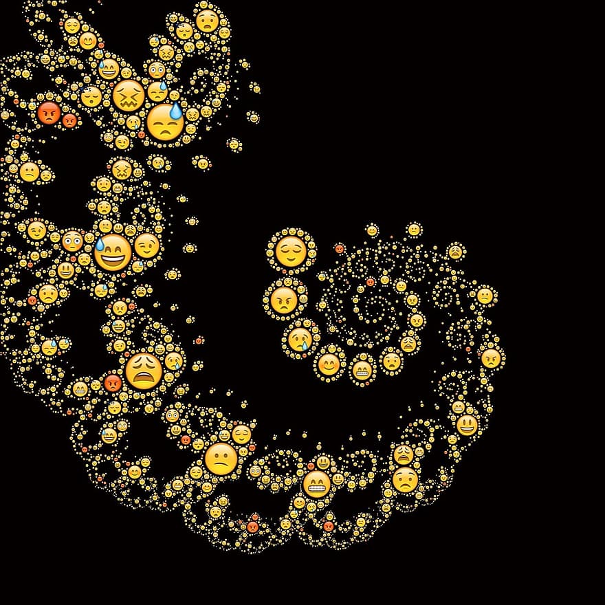 Fractal, Emoticons, Spiral, Universe, Nature, Yellow, Black Background, Design, Faces, Expressions, Feelings