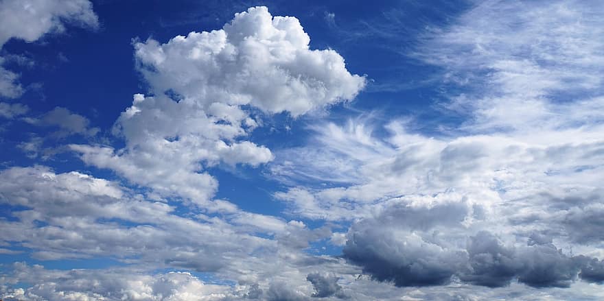 bầu trời có mây, bầu trời, những đám mây, màu xanh da trời, trắng, màu xám, không khí, mùa hè, dông, mây bão, lý lịch