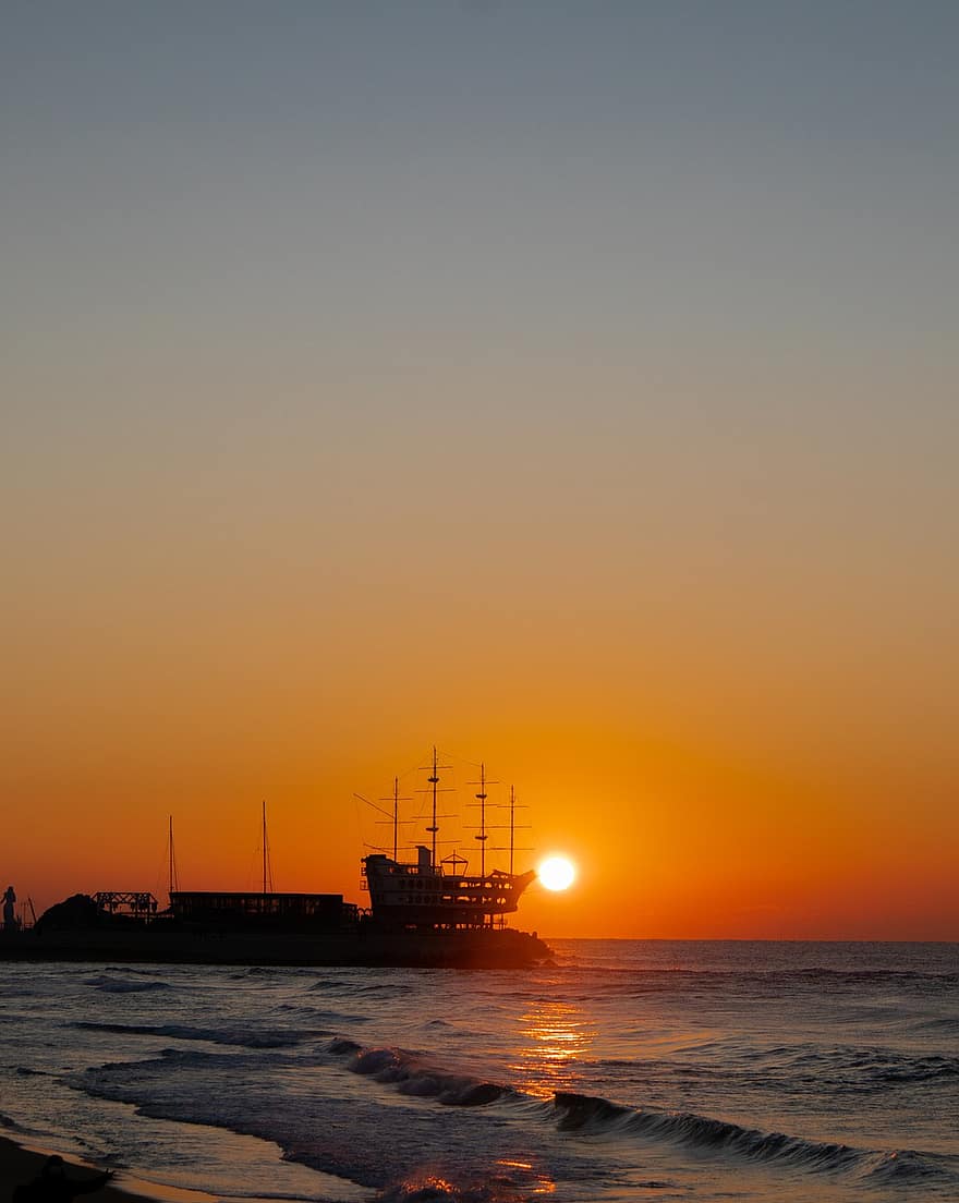 Sunrise, Sea, Ship, Sunset, Korea, Twilight, Dusk, dawn, sun, nautical vessel, sunlight