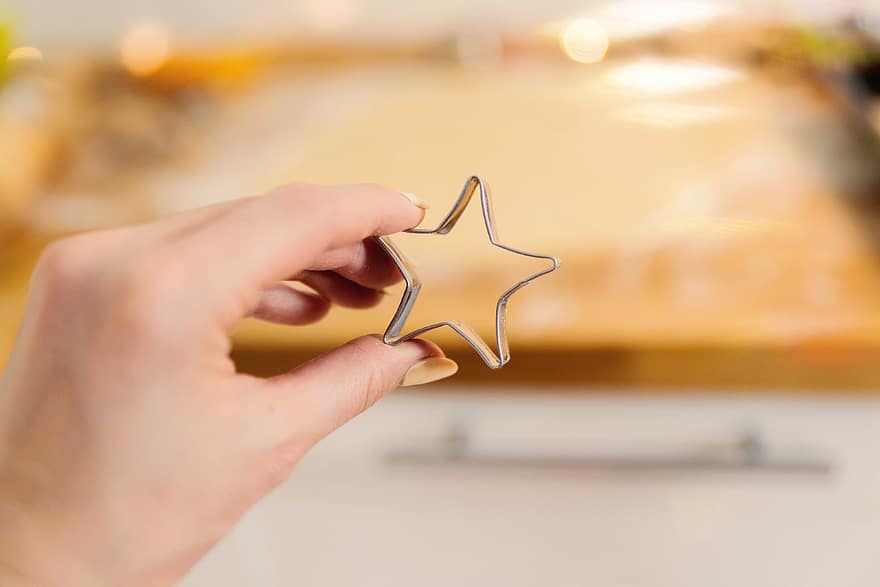 cozimento, biscoitos., Natal, conceito., detalhe, em forma de estrela, mofo, assar, cozinhar, biscoitos, cortadores