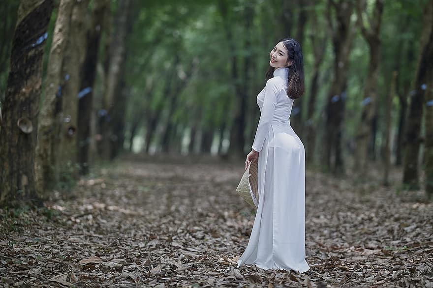 жена, модел, портрет, ao dai, Бял Ао Дай, традиционна рокля, поза, стил, мода, представяйки, млада жена