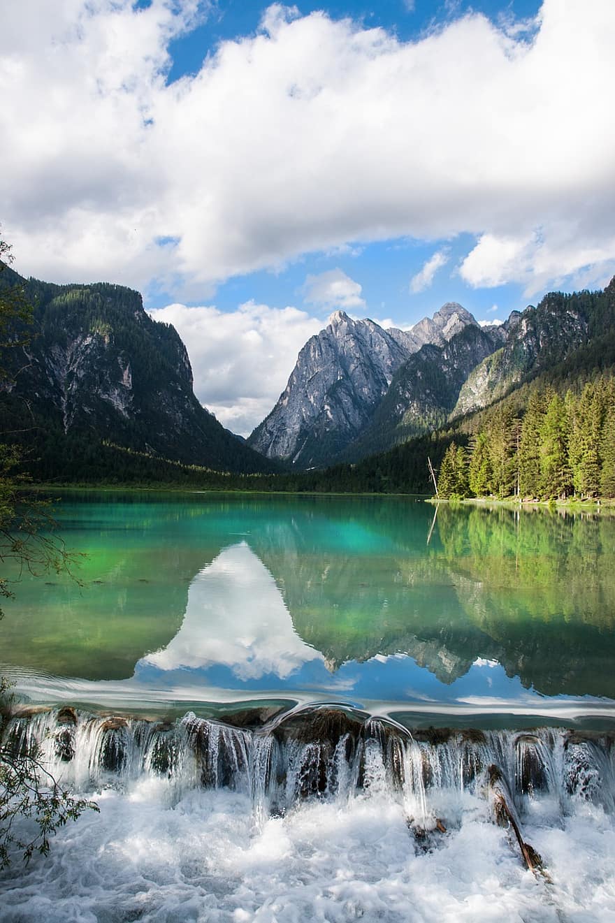 Mountains, Lake, Reflection, Mirror, Landscape, Waterfall, Alpine, River, Water, Trees, Forest