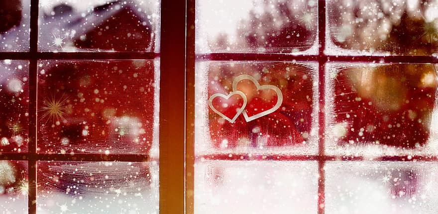 okno, Pohled, ven, Vánoce, zimní, sníh, bokeh, srdce, milovat