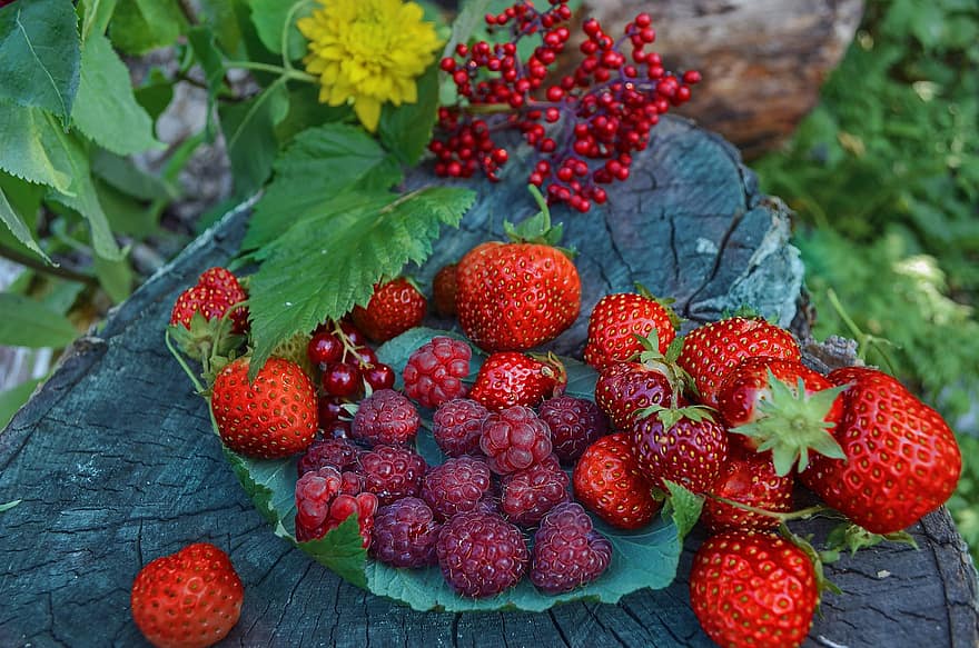 Berries, Raspberry, Strawberry, Fruit, Leaves, Foliage, Garden