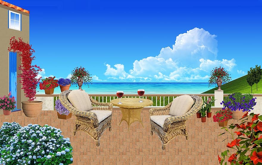 Приморский, внутренний дворик, мебель из ротанга, кресла, летние цветы, спокойный, растения цветущие, море, отдых