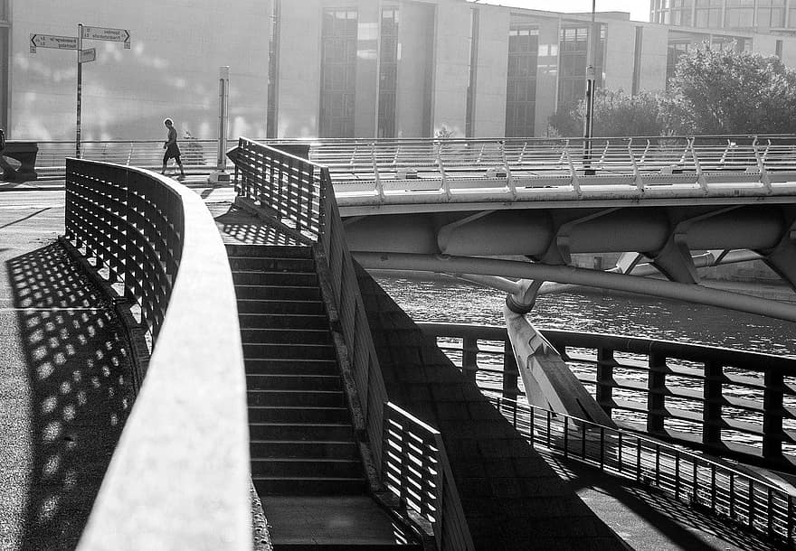 puente, ciudad, río, monocromo, barandilla, escalera, la carretera, urbano, al aire libre, pasos
