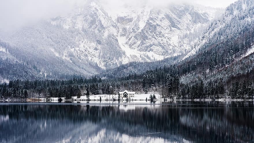 fjellene, innsjø, natur, vinter, årstid, utendørs, reise, utforskning, Salzkammergut, fjell, snø