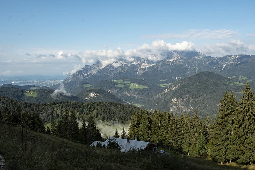montanhas, Alpes, Áustria, panorama, perspectiva, montanha, floresta, verão, grama, Pico da montanha, Prado