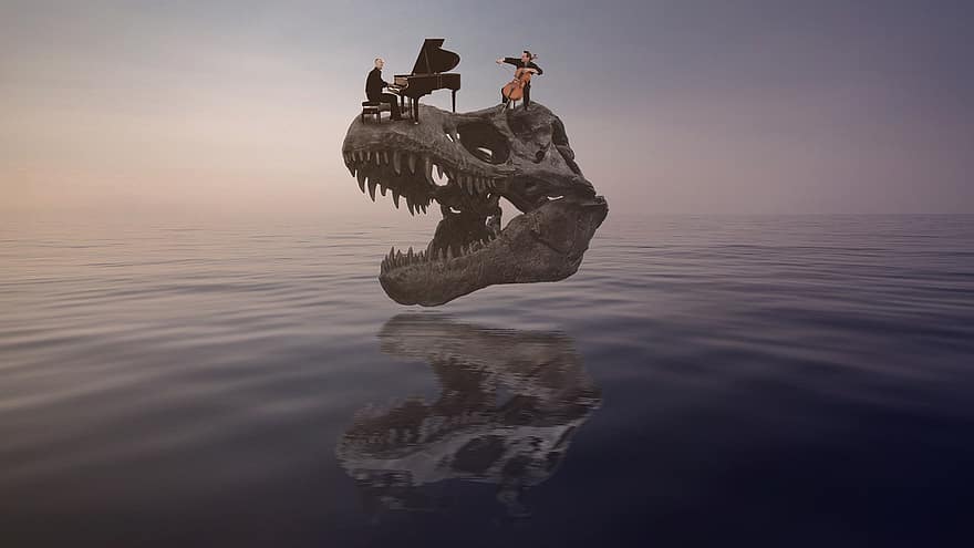 두개골, 음악가, 바다, 첼로, 피아노, 남자, 비열한, 물, 삽화, 위험, 공룡