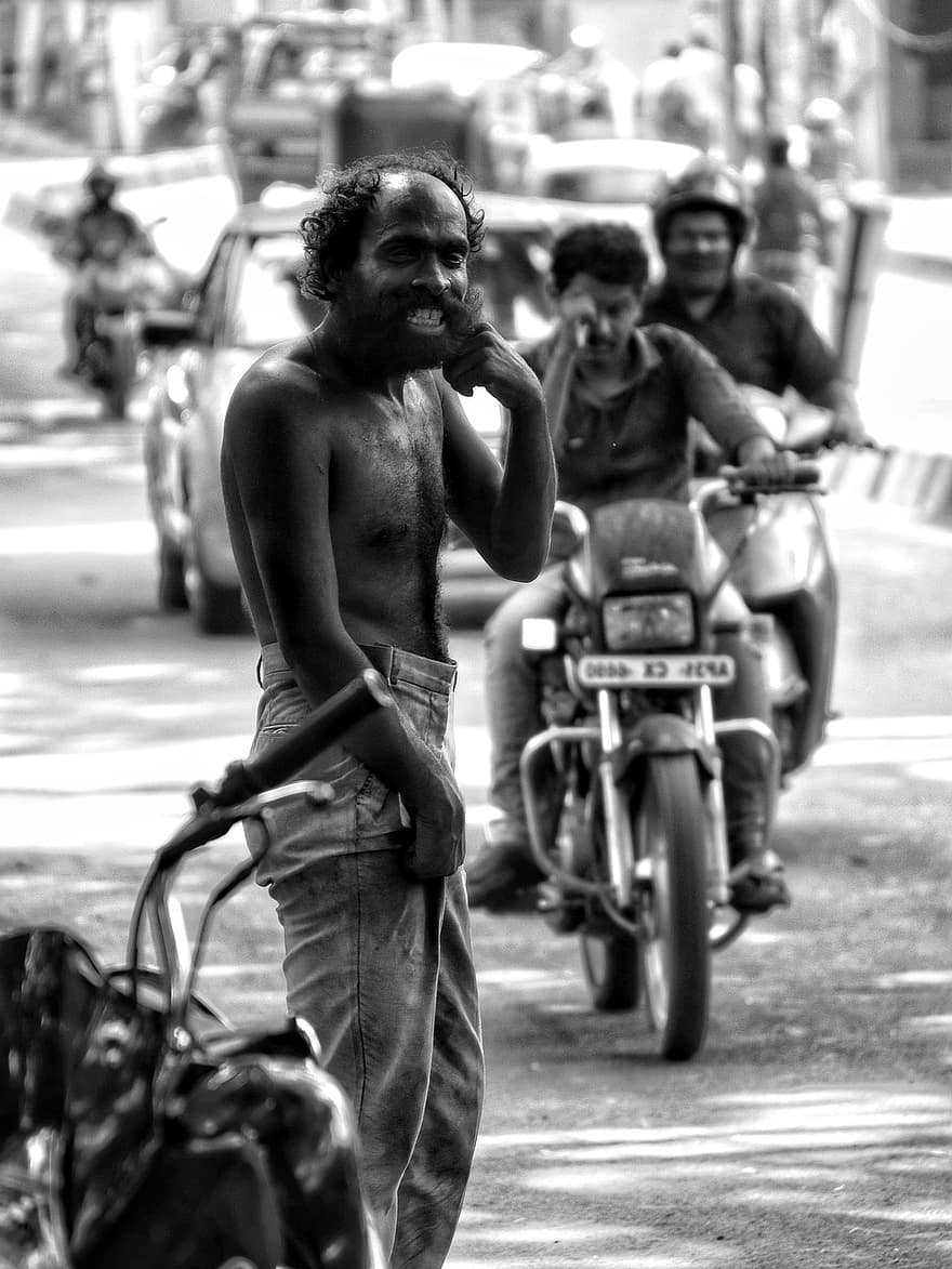 Street, Portrait, City, Monochrome, Beggar, Poor, Men, motorcycle, black and white, transportation, mode of transport