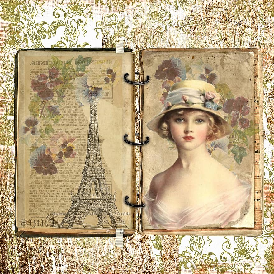 Parijs, Frans, wijnoogst, oud, dame, bloem, hoed, edwardian, papier, boek, ring map