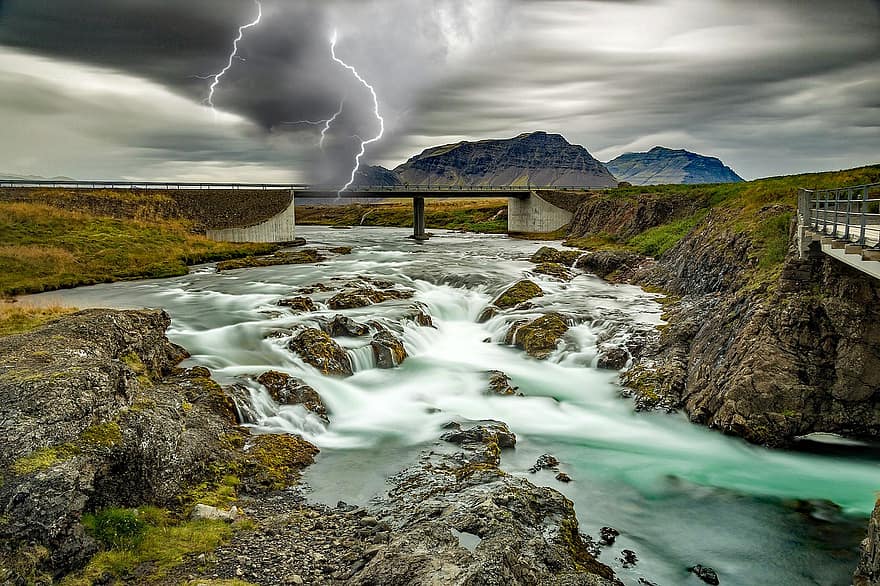 River, Bridge, Lightning, Thunder, Storm, Stream, Water, Rapids, Cascades, Mountains, Outdoors