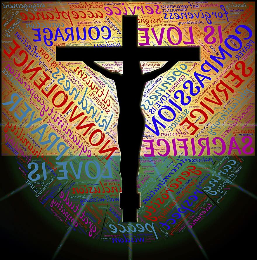 krusifiksi, Kristus, ristiinnaulitseminen, rakkaus, uhrata, väkivallasta kieltäytyminen, rohkeus, myötätunto, rauha, rukous, palvelu