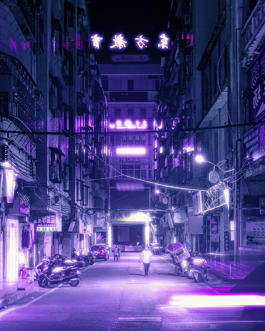 ciberpunk, noche, calle, Luces nocturnas, luces de neón, Arte Púrpura, coche, iluminado, arquitectura, la vida nocturna, tráfico